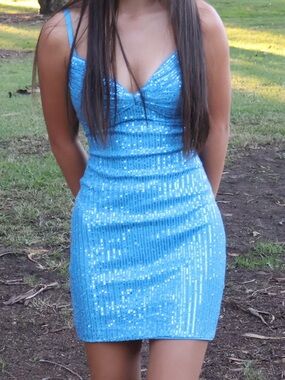 blue sequin mini homecoming dress